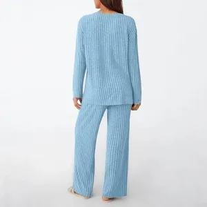 Light blue ribbed long sleeve top and wide leg trousers loungewear two piece set detail view.