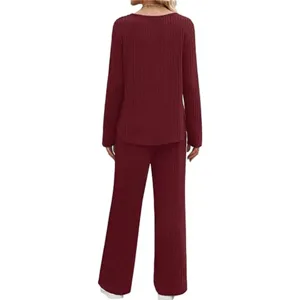 Wine red ribbed knit long sleeve top and wide leg pants loungewear set for women.