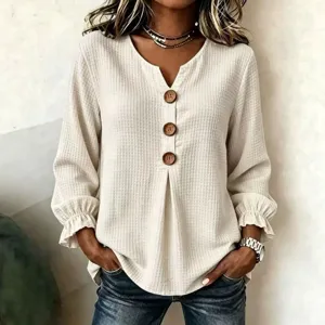 Waffle Knit Long Sleeve V-Neck Button Casual Loose Women T-Shirt Autumn Winter 2026