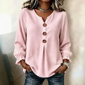 Womens pink waffle knit long sleeve V neck button casual blouse with cute ruffle cuffs.