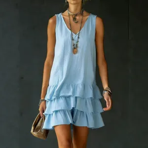 Fashion loose casual solid color tank dress women summer sleeveless tiered minidress