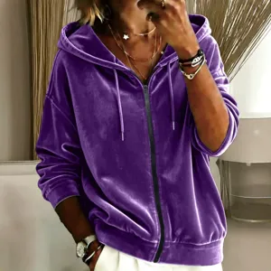 Womens purple velvet zip up hoodie with drawstring long sleeve casual top front main view
