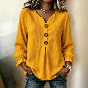 Mustard yellow waffle knit long sleeve V-neck button casual blouse for women daily wear