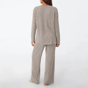 Women ribbed knit lounge set featuring long sleeve top and wide leg pants back view