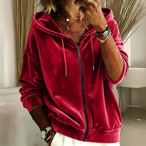 Women red velvet zip up hoodie casual long sleeve hooded sweatshirt with drawstring pockets.