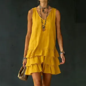 Women summer yellow sleeveless tiered mini dress casual v-neck fashion stylish apparel chic