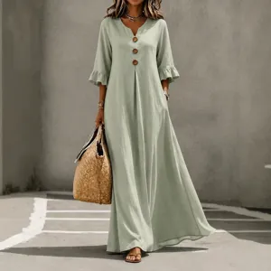 Elegant V-neck button ruffle sleeve long dress with pockets for women autumn fashion.