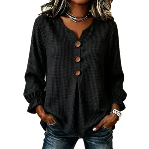 Women waffle knit long sleeve V neck button casual blouse stylish autumn fashion top wear