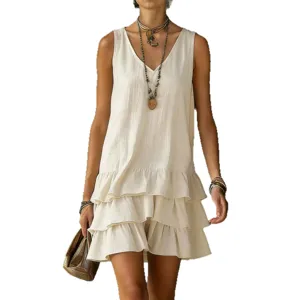 Summer women's casual loose solid color v-neck tiered sleeveless dress casual chic wear