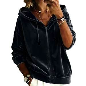 Women velvet zip-up hoodie casual long sleeve drawstring hooded sweatshirt outerwear