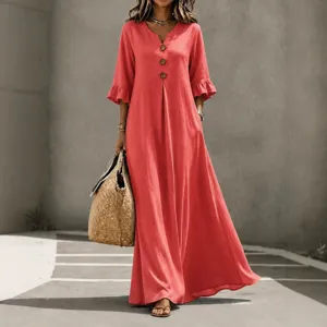 Red V-Neck Button Ruffle Sleeve Maxi Dress Casual Loose Long Dress for Women Autumn