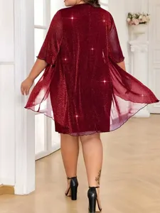 Plus size sparkly mesh dress, solid color back view detail showing elegant casual style and fit.