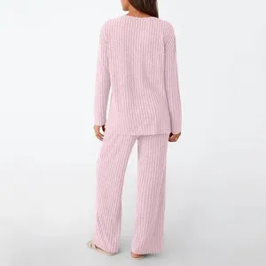 Women pink ribbed loungewear set casual long sleeve top and matching trousers for daily wear