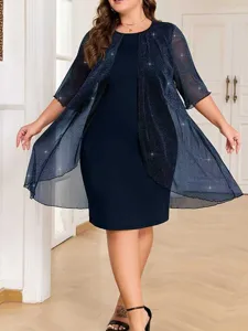 Plus size women's solid color mesh two-piece dress elegant casual party evening outfit