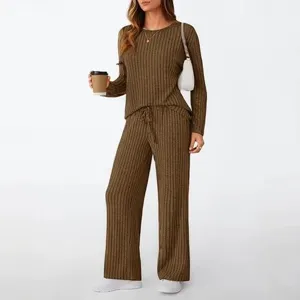 Women Long Sleeve Ribbed Lounge Set Casual Round Neck Drawstring Pants Brown Sleepwear