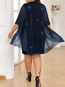 Plus size women glitter mesh dress casual short sleeve evening party dress elegant fashion.