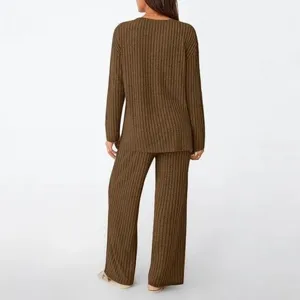 Back view detail of women casual ribbed knit two piece loungewear set with long sleeve top.