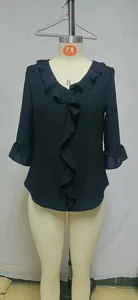 Black v-neck ruffle blouse elegant casual womens top half sleeve loose fit shirt chic fashion 2026