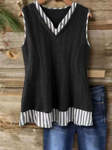 Mujer casual tejido cuello V sin mangas chaleco a rayas empalme parte superior