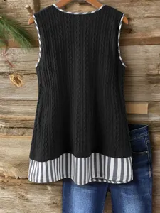 Top sin mangas de punto negro con cuello V y dobladillo a rayas, blusa casual holgada.
