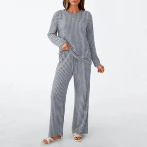Women casual ribbed long sleeve top and wide leg pants loungewear set for daily wear.