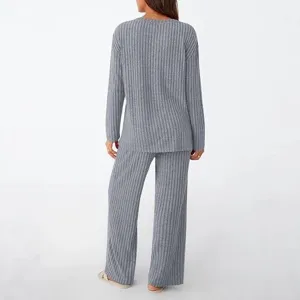 Grey ribbed long sleeve top and wide leg pants loungewear set back view detail showcase.