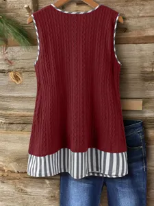 Chaleco de punto sin mangas para mujer con detalles de rayas y dobladillo casual.