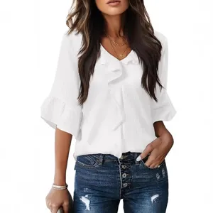 Women White V-Neck Ruffle Short Sleeve Blouse Casual Loose Elegant Summer Top Tee