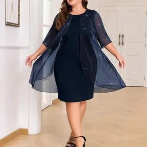 Plus size solid mesh two-piece dress with elegant glitter sheer cardigan evening outfit