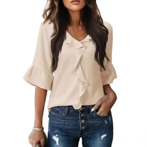 Women V-Neck Ruffle Flare Sleeve Casual Blouse Summer Elegant Loose Top Fashion Apparel