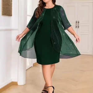 Plus size elegant dark green dress with sparkly sheer cardigan set for women. Perfect for casual.