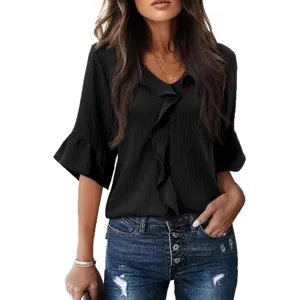 Stylish black V-neck ruffled short sleeve loose blouse for women spring summer casual wear.