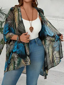 Tropical print chiffon kimono cardigan for women summer beach vacation sunscreen cover up.