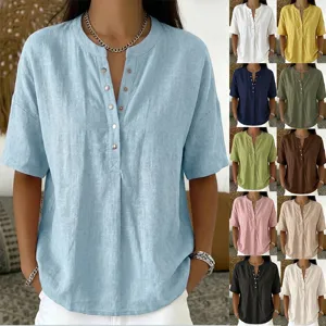 Women V Neck Button Short Sleeve T-Shirt Summer Casual Plain Color Loose Fit Pullover Top Polyester Patchwork Apparel