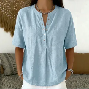 Casual solid color V-neck button loose short sleeve pullover shirt for women summer daily wear