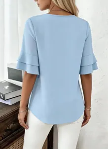 Summer casual women light blue blouse tiered ruffle half sleeve loose elegant top for daily wear