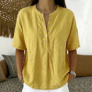 Women Summer Casual Solid Color V-Neck Short Sleeve Loose Button Henley Linen Blouse Top