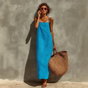 Mujer elegante vestido largo tirantes spaghetti liso suelto estilo playa moda verano