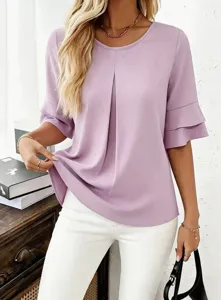 Stylish lavender half sleeve ruffle blouse for women, loose casual summer top shirt.