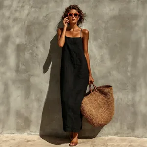 Vestido largo de tirantes finos liso de moda, vestido de verano holgado casual mujer.