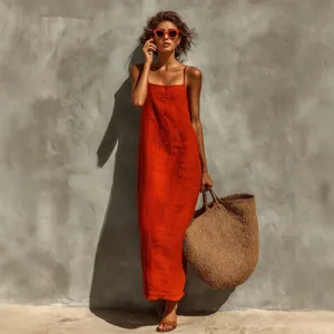 Vestido lencero liso para mujer moda de verano largo vestido casual holgado de playa.
