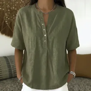 Casual solid color V-neck button loose short sleeve top, detailed view showing textured fabric.