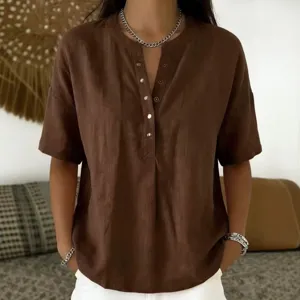 Casual solid color V-neck button short sleeve loose top detail view showcase summer style