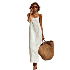 Verano mujer casual color solido vestido largo de tirantes holgado elegante maxi vestido blanco
