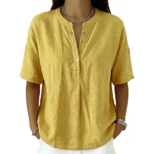 Solid Color Casual V-Neck Button Loose Pullover Short Sleeve Summer Top for Women