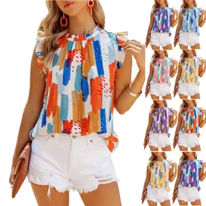 Women Abstract Print Sleeveless Chiffon Blouse Cotton Polyester Ruffle Stand Collar Loose Fit Casual Summer Top