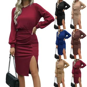 Women's Casual Long Sleeve Lantern Sleeve Ribbed Knit Split Bodycon Midi Dress Elegant Solid Color Pullover Dress