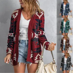 Women Casual Geometric Ethnic Print Knit Cardigan Loose V Neck Long Sleeve Open Front Sweater Jacket With Pockets Outerwear