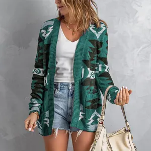 Cardigan detail view, geometric knit pattern, long sleeve outerwear, casual style showcase.