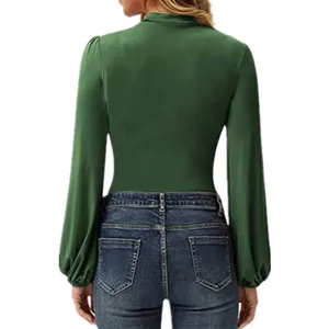 Green long sleeve high neck lantern sleeve slim fit women top apparel back view detail